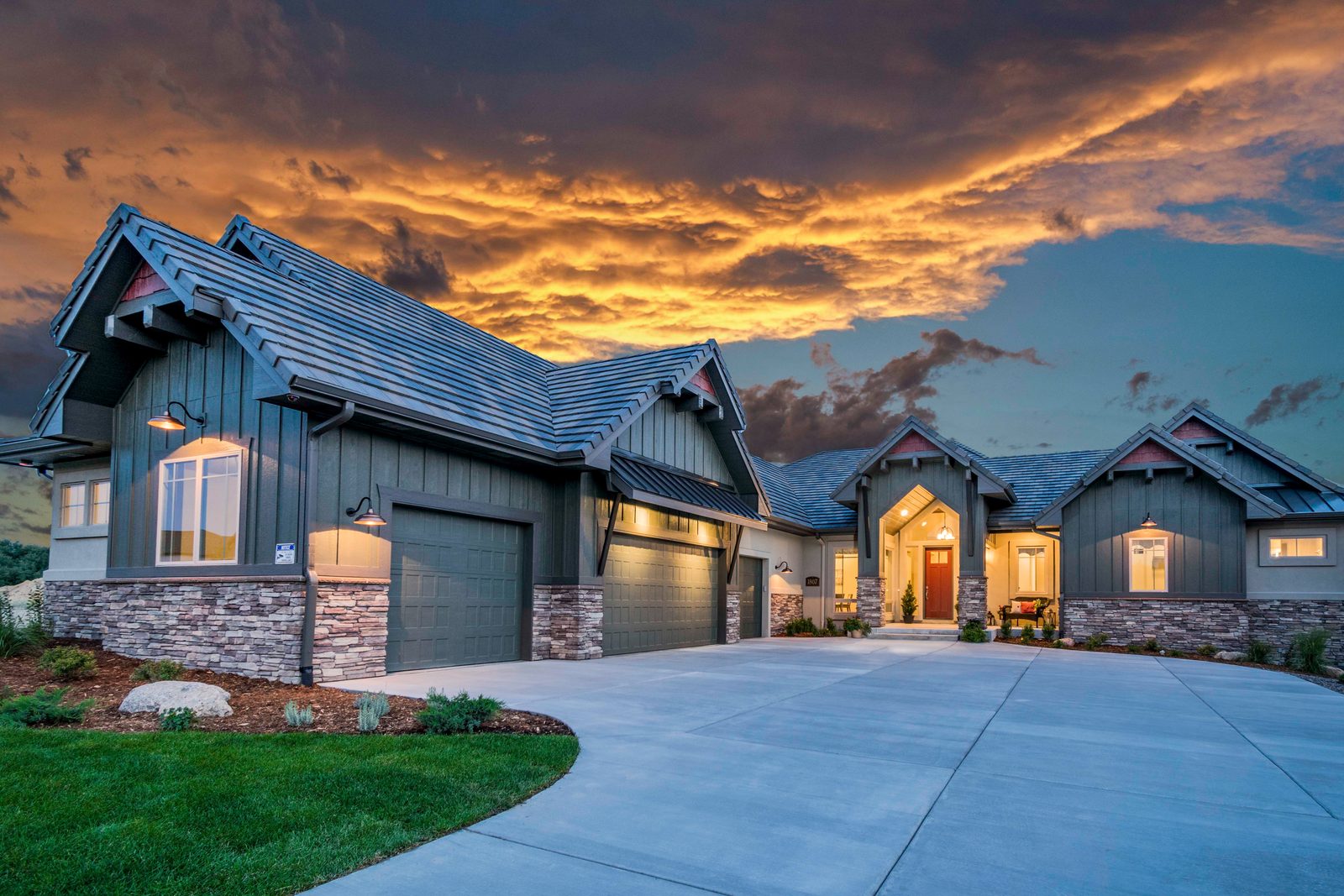 A commercial building photographed at twilight in Colorado